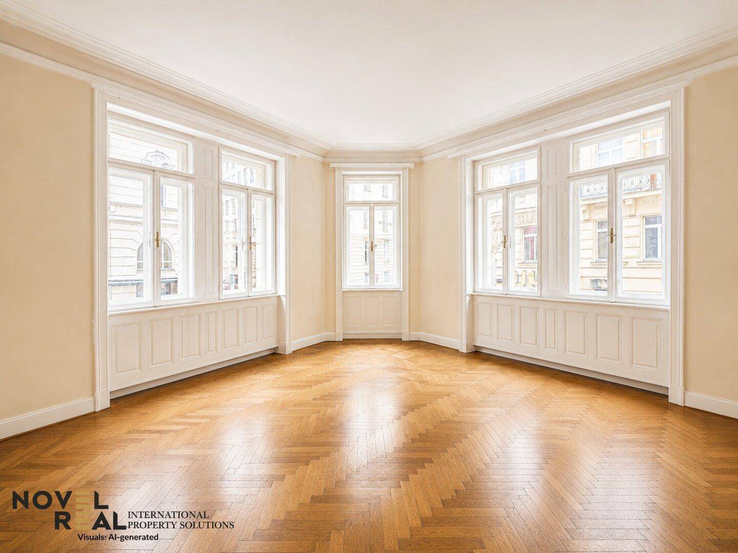 Helles Wohnzimmer mit Fischgrätparkett, hohen Fenstern und klassischer Stuckverzierung an der Decke.