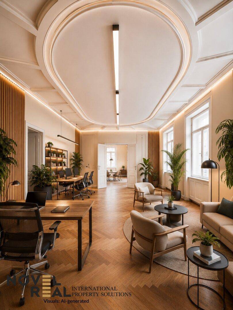 Elegantes Büro mit Fischgrätparkett, Stuckdecke und modernen Möbeln, ideal für repräsentative Zwecke.
