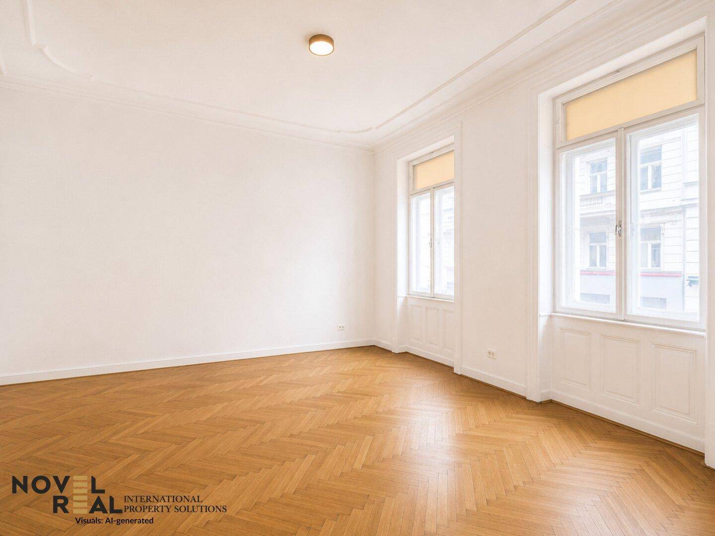 Heller Wohnraum mit Fischgrätparkett, hohen Fenstern und einer eleganten Deckenverzierung.