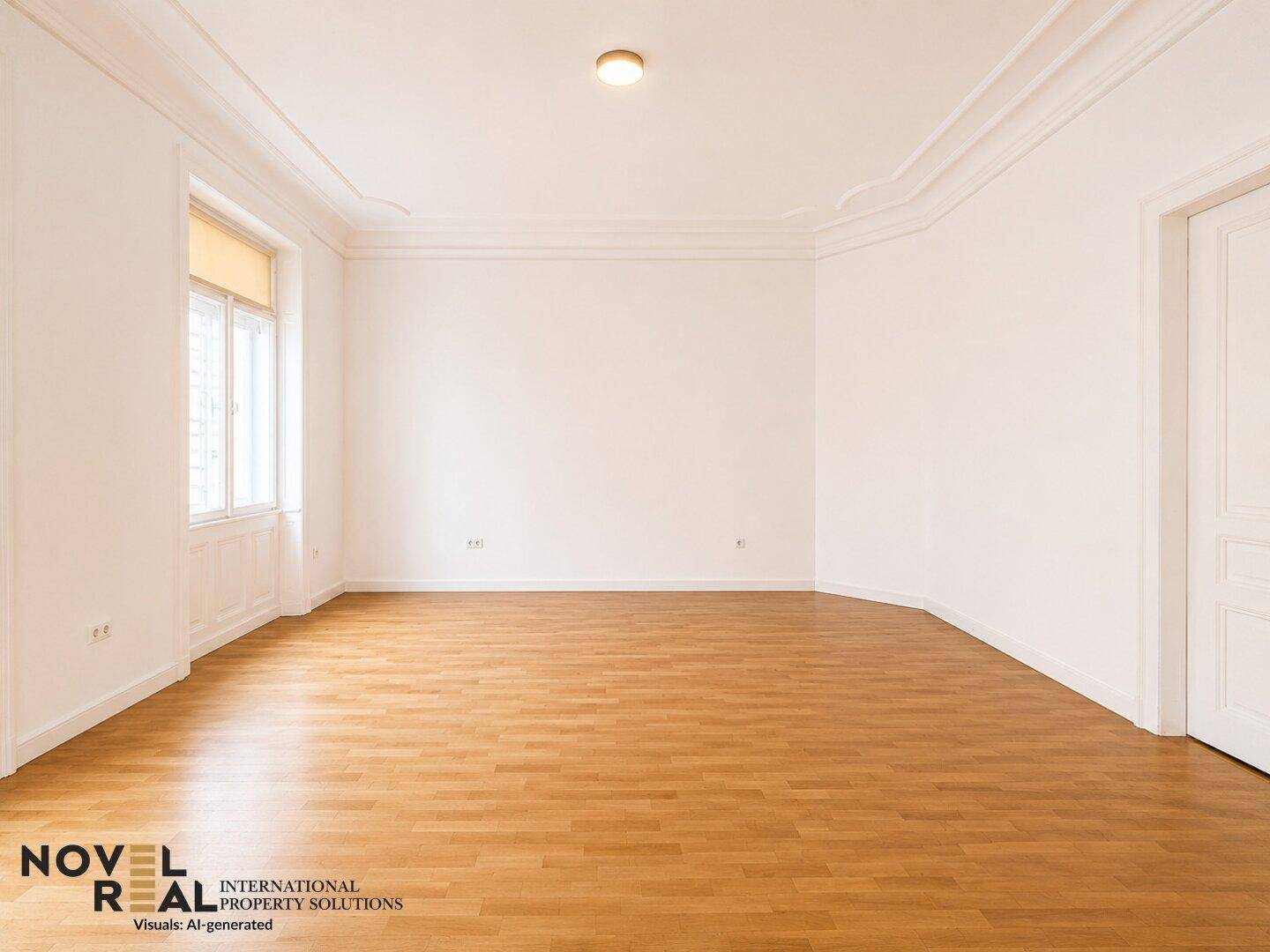 Heller Raum mit Laminatboden, hohen Decken und einem großen Fenster, das viel Licht spendet.