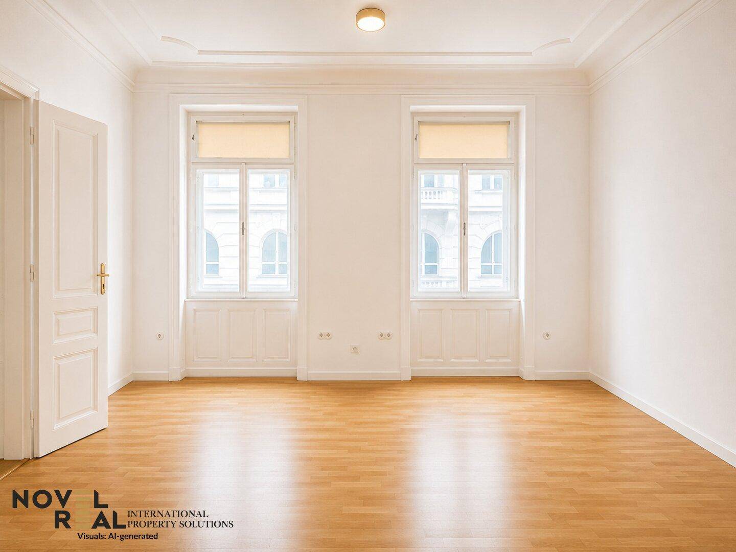 Heller Raum mit Laminatboden und zwei großen Fenstern, die den Raum mit Tageslicht füllen.