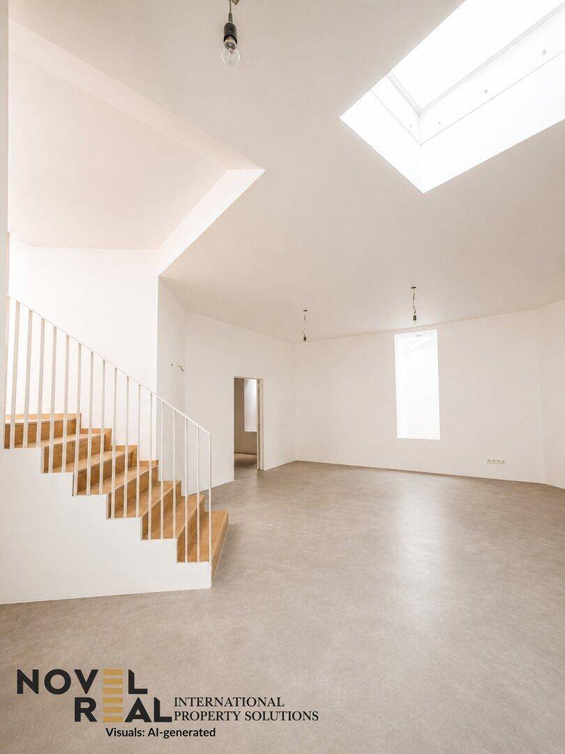 Heller, offener Raum mit Betonboden, Holztreppe und Dachfenstern, die viel Licht spenden.