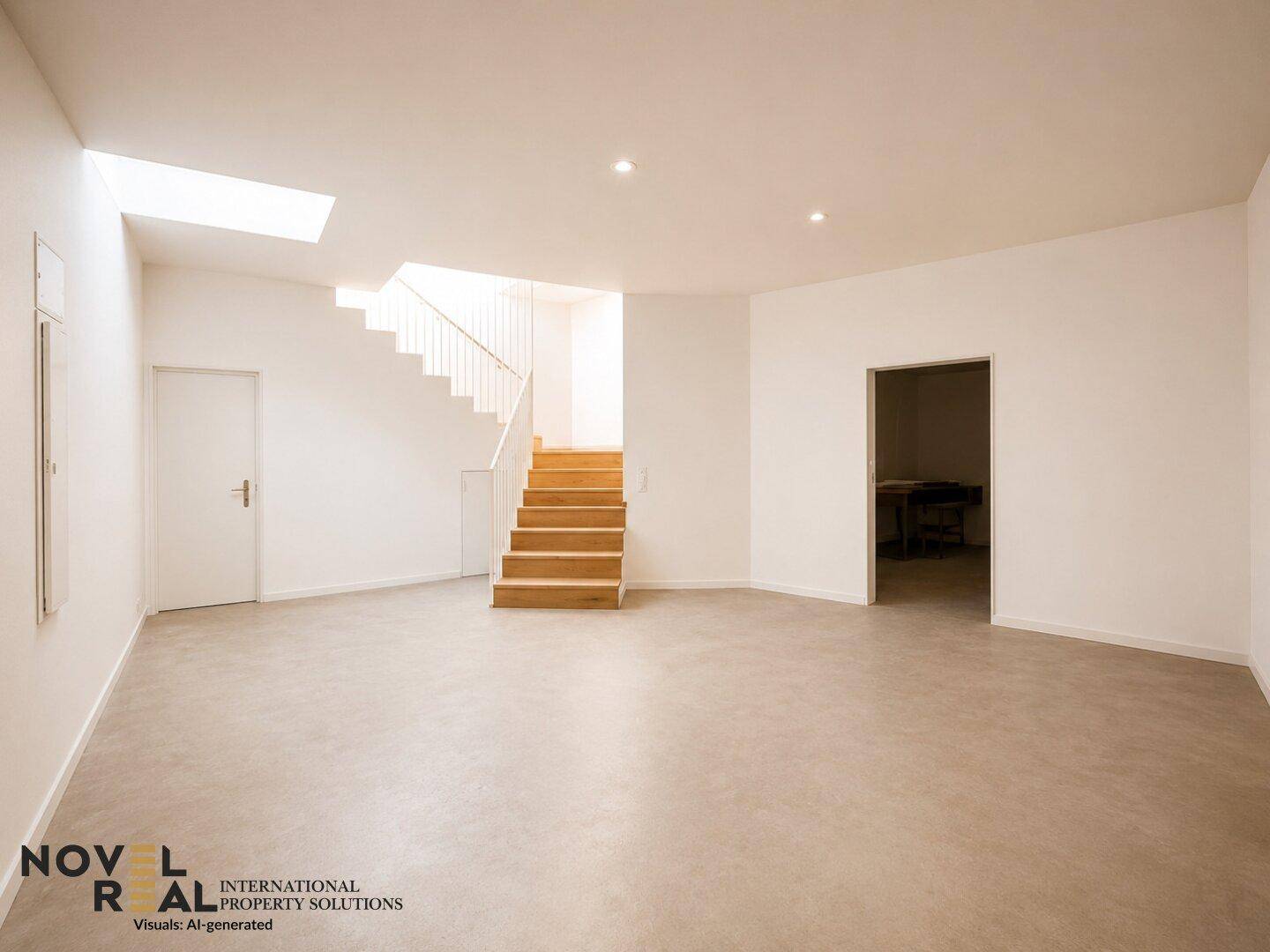 Heller, offener Raum mit Betonboden, Holztreppe und Dachfenstern, der vielseitig nutzbar ist.