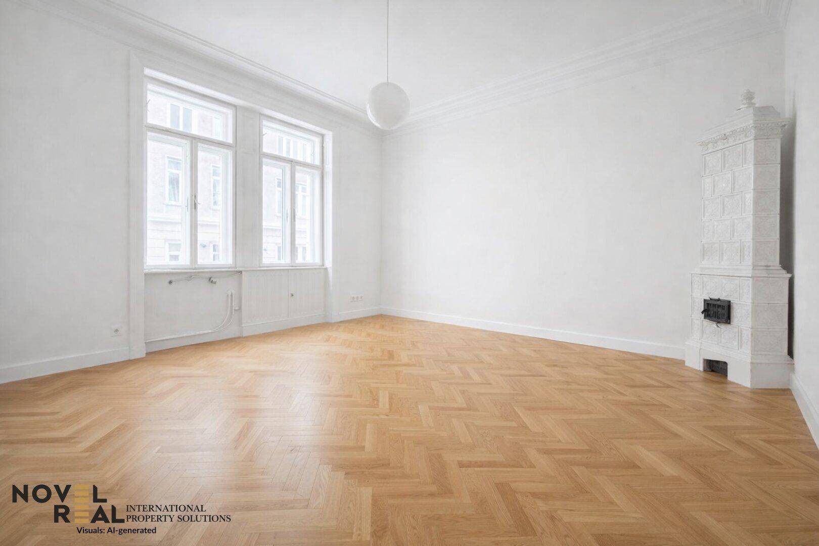 Großes, helles Zimmer mit Fischgrätparkett und einem traditionellen Kachelofen in der Ecke.