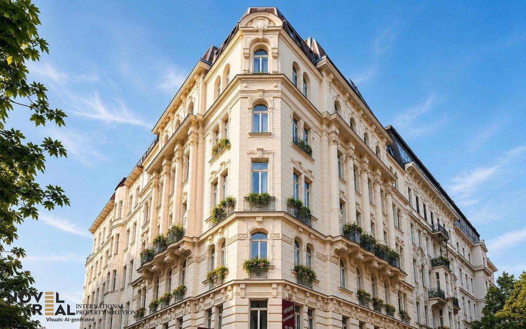 Elegantes Eckgebäude mit klassischer Architektur, vielen Fenstern und verzierten Balkonen unter blauem Himmel.