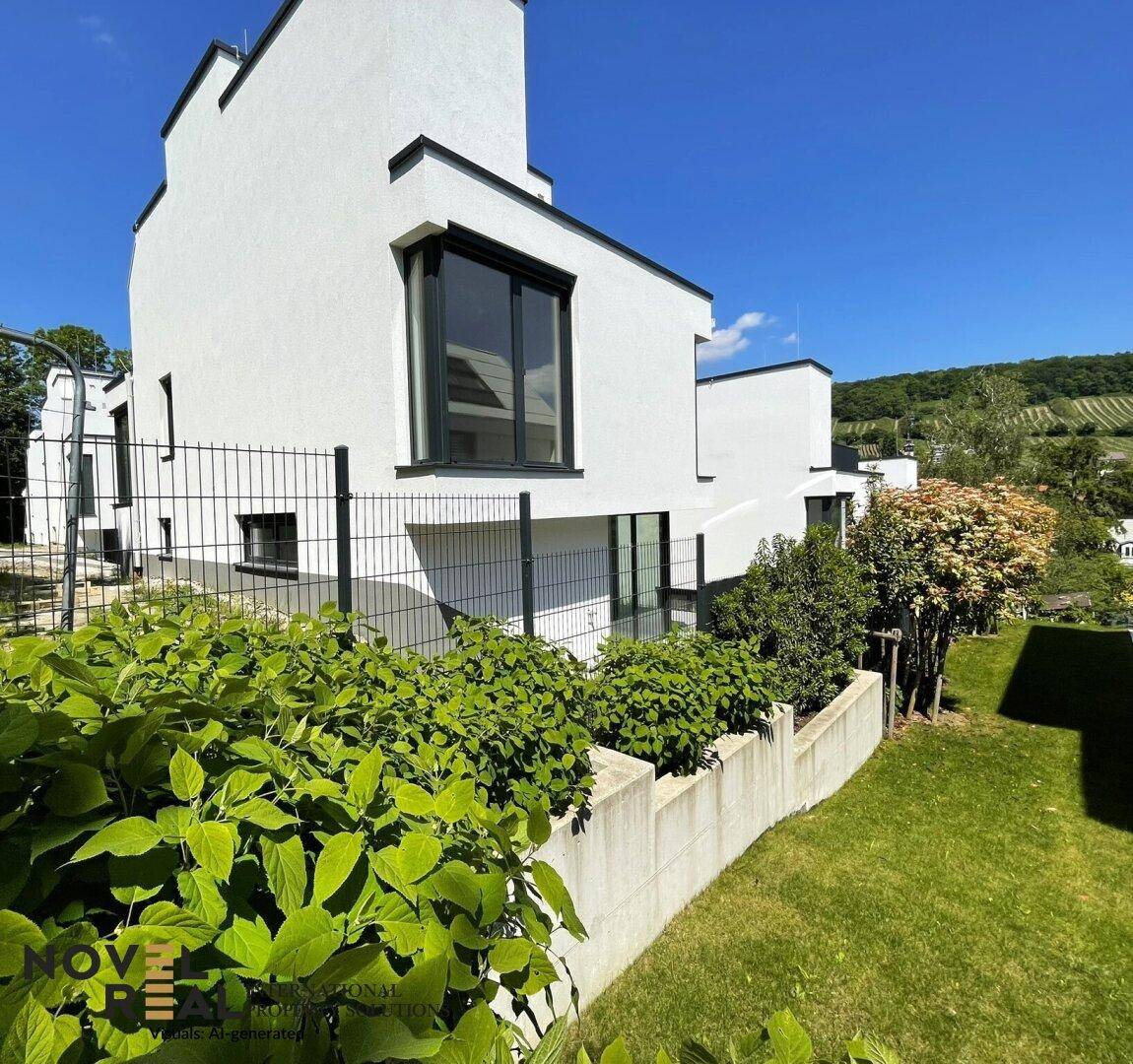 Moderne weiße Architektur mit gepflegtem Gartenbereich und Blick auf die umliegenden Weinberge.