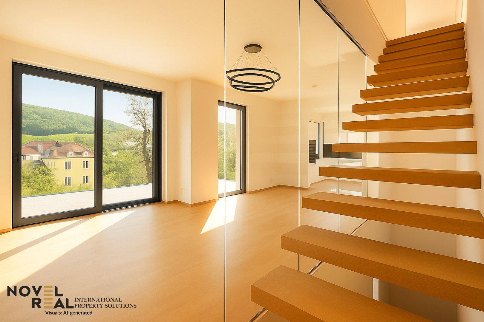 Heller Wohnbereich mit Holzboden, großen Schiebetüren und moderner Treppe mit Glasgeländer.