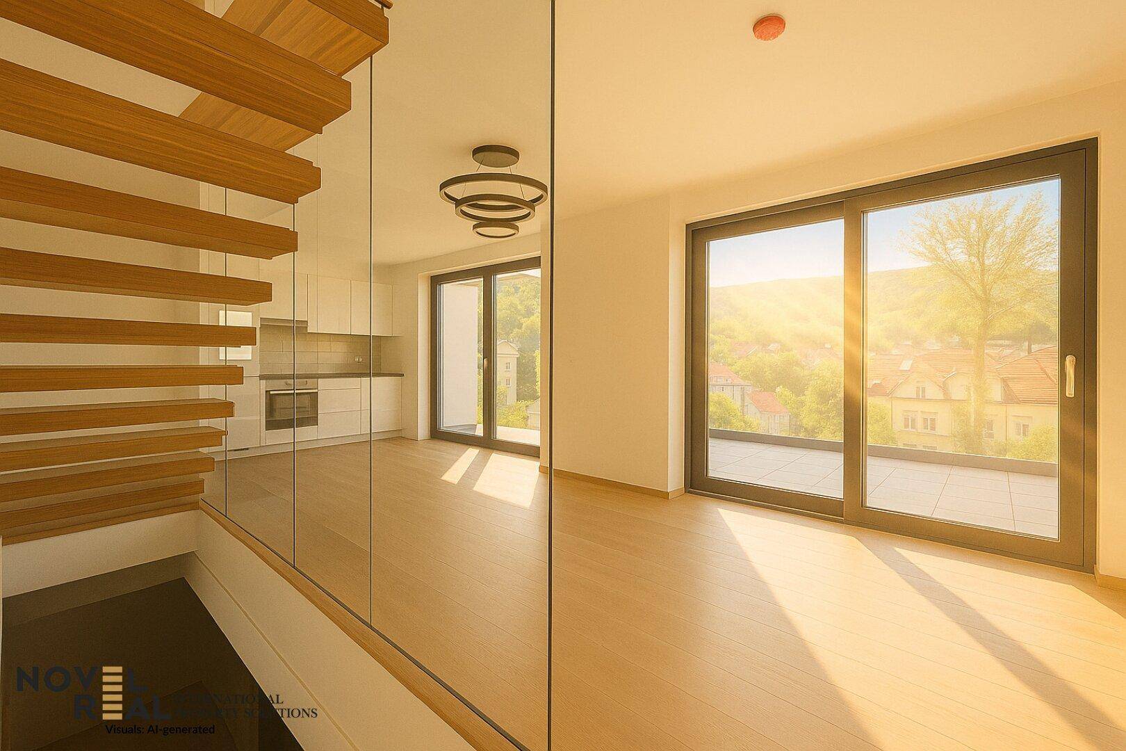 Lichtdurchfluteter Wohnbereich mit moderner Treppe, Holzboden und Zugang zu einer sonnigen Terrasse.
