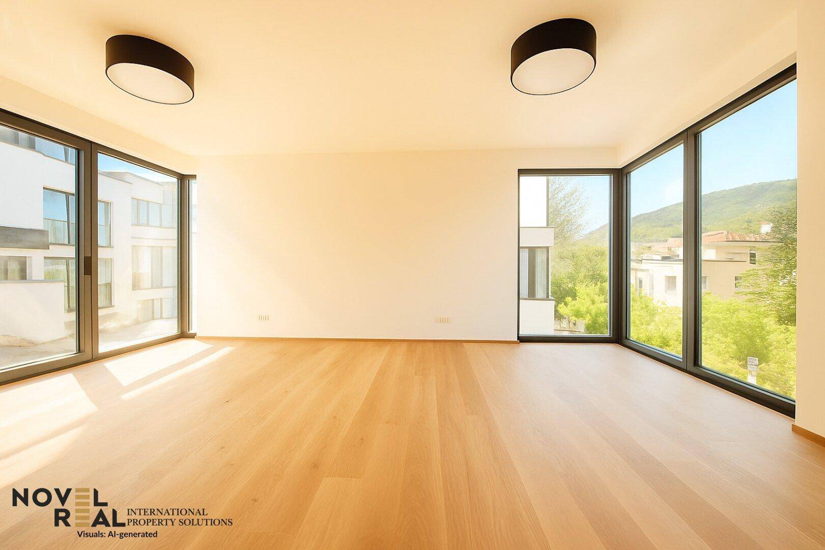 Geräumiger, heller Wohnraum mit Holzboden und raumhohen Fenstern, die viel Tageslicht hereinlassen.