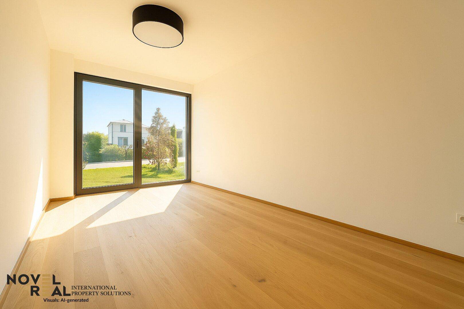Heller Raum mit Holzboden und großem Fenster, das einen Blick auf den Garten und die Umgebung bietet.