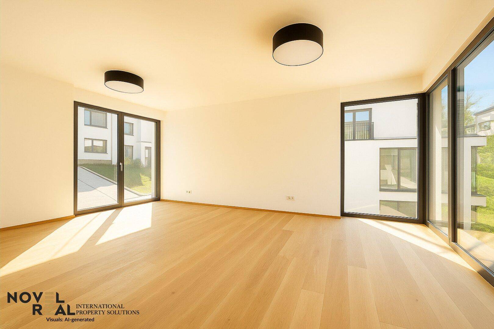 Heller Wohnraum mit Holzboden und großen Fenstern, die viel Tageslicht und Ausblick bieten.