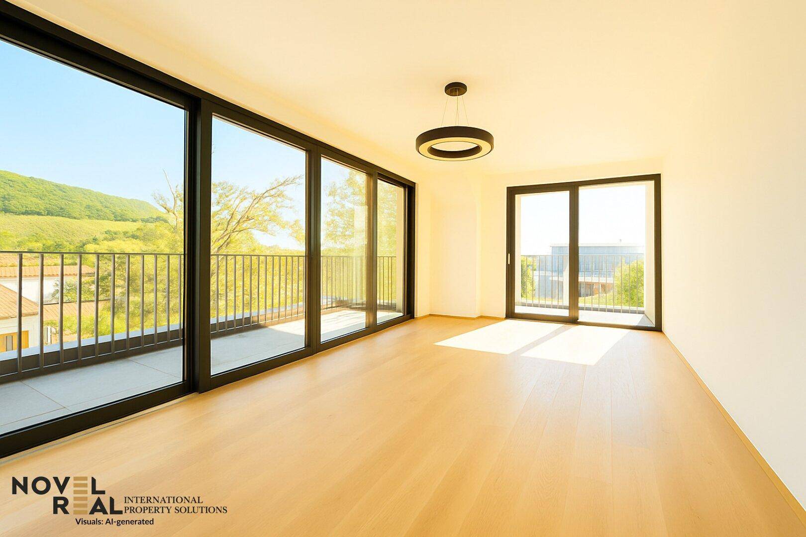 Lichtdurchfluteter Wohnbereich mit Holzboden und raumhohen Schiebetüren zum Balkon oder zur Terrasse.