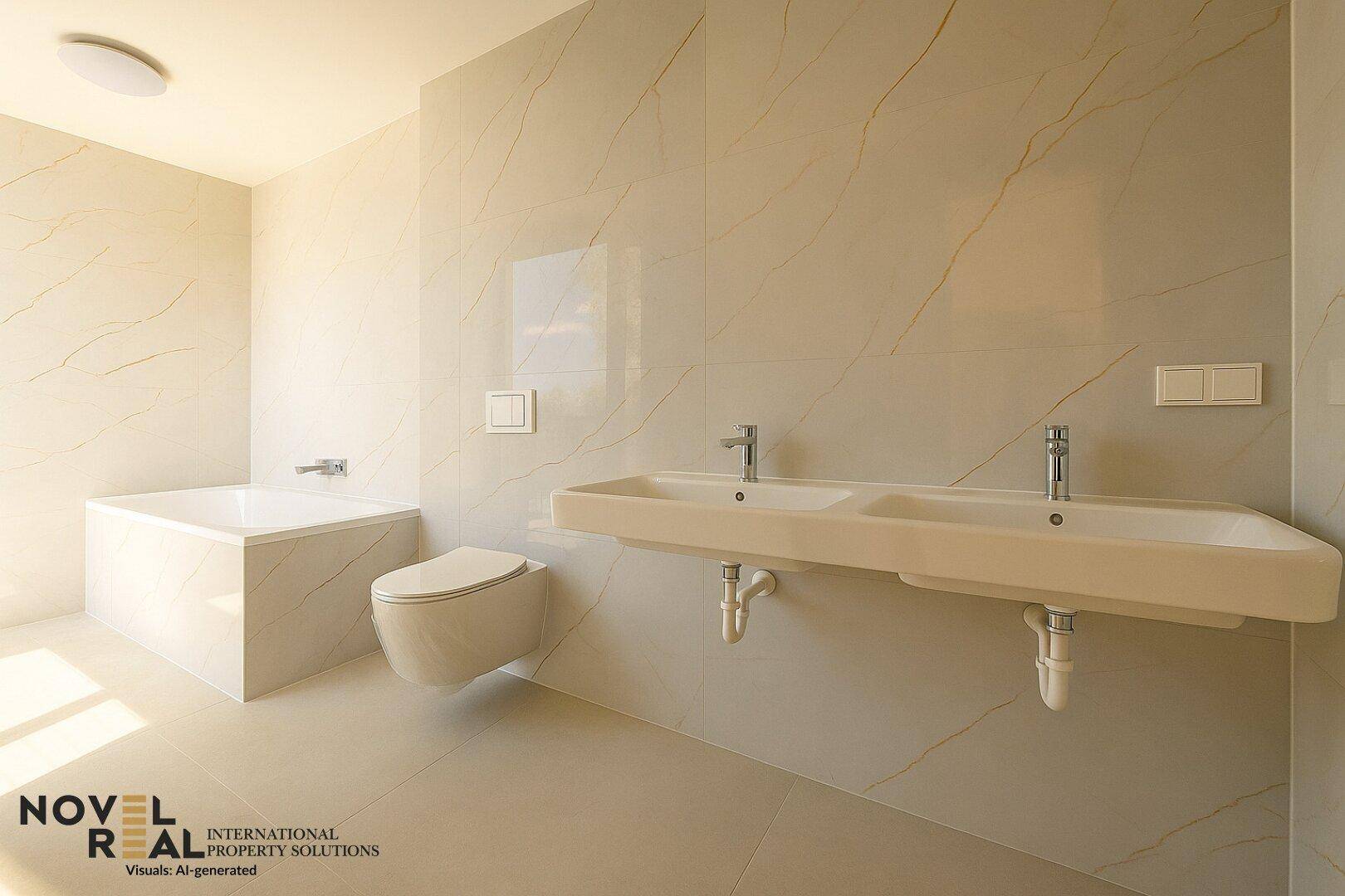 Elegantes Badezimmer mit hellen Marmorfliesen, Badewanne, wandhängendem WC und Doppelwaschbecken.