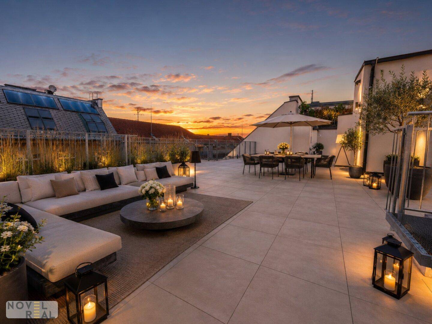 Weitläufige Dachterrasse mit Lounge-Bereich, Esstisch und stimmungsvoller Beleuchtung bei Sonnenuntergang.