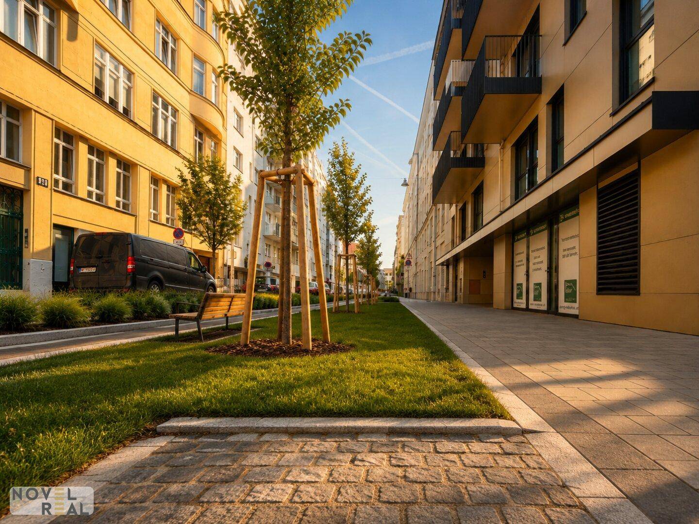 Attraktive Stadtstraße mit Bäumen, Grünstreifen und gepflegten Gebäudefassaden.