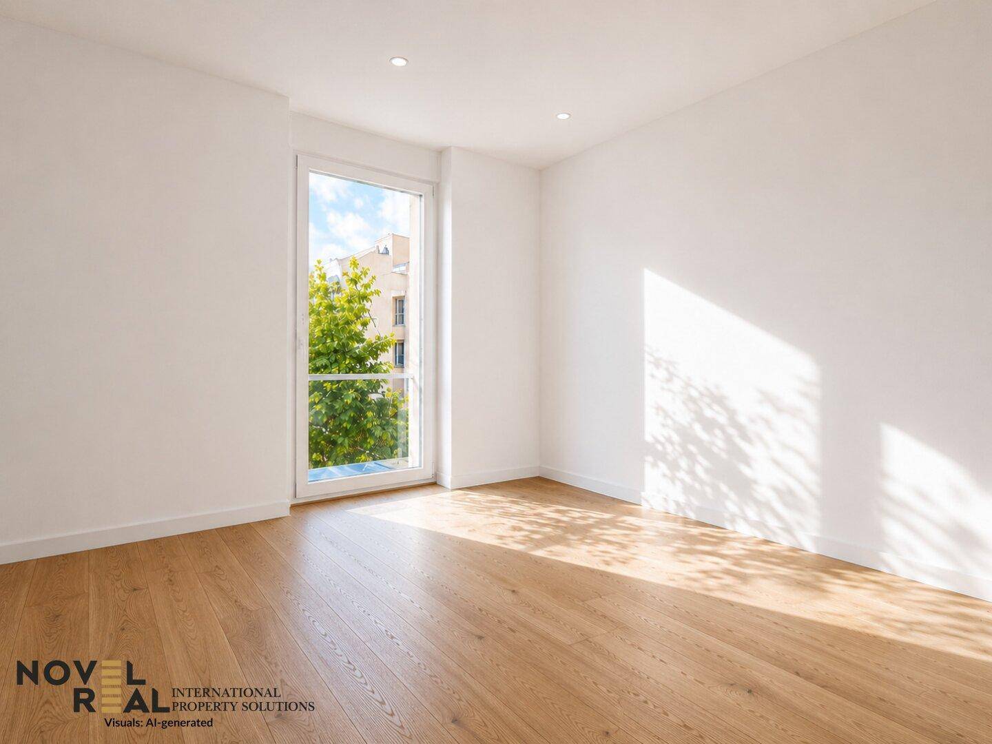Helles Schlafzimmer mit Holzboden und großem Fenster, das viel Tageslicht hereinlässt.