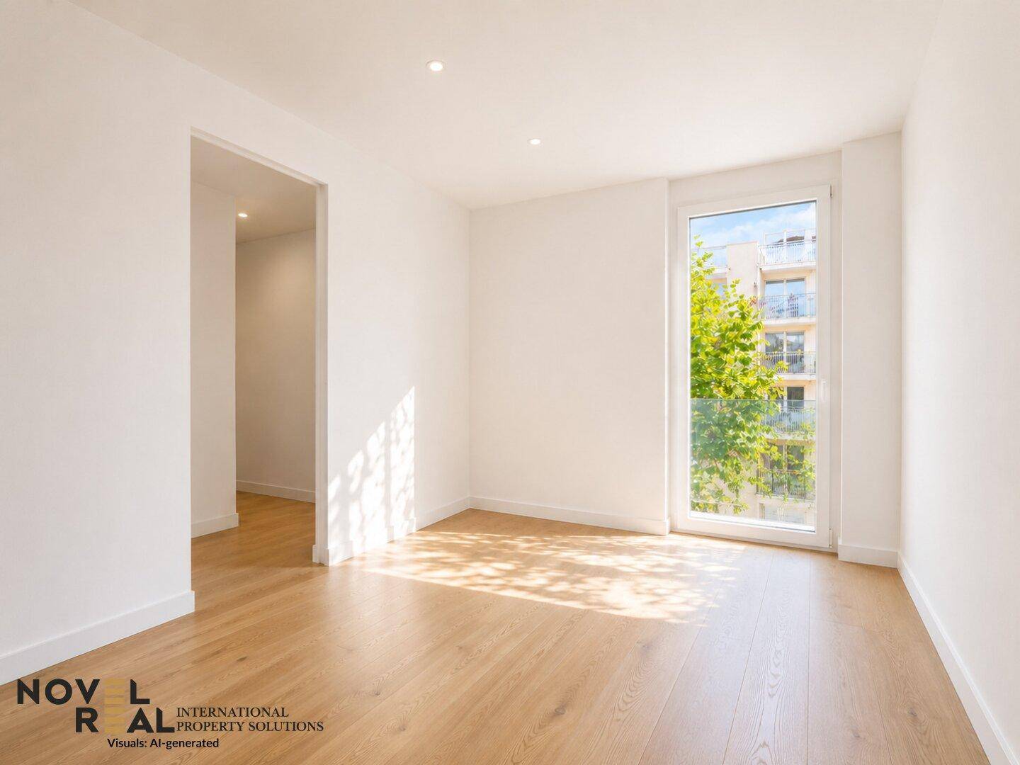 Lichtdurchflutetes Zimmer mit Holzboden und offener Verbindung zu einem weiteren Raum.