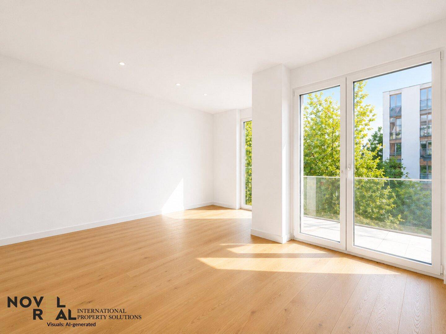 Lichtdurchfluteter Raum mit Parkettboden und Zugang zu einem Balkon mit Blick auf Bäume.