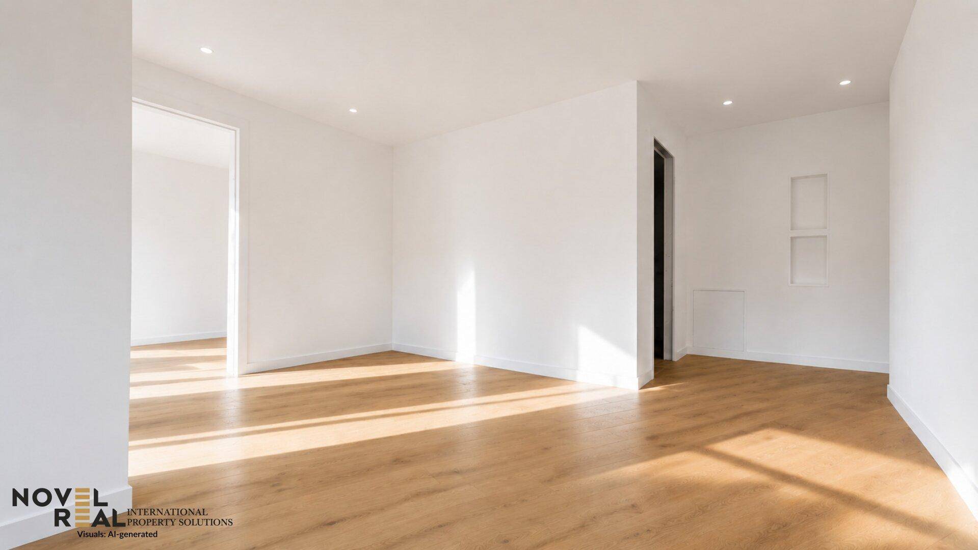 Leerer, heller Raum mit Holzboden und weißen Wänden, bereit zur individuellen Gestaltung.