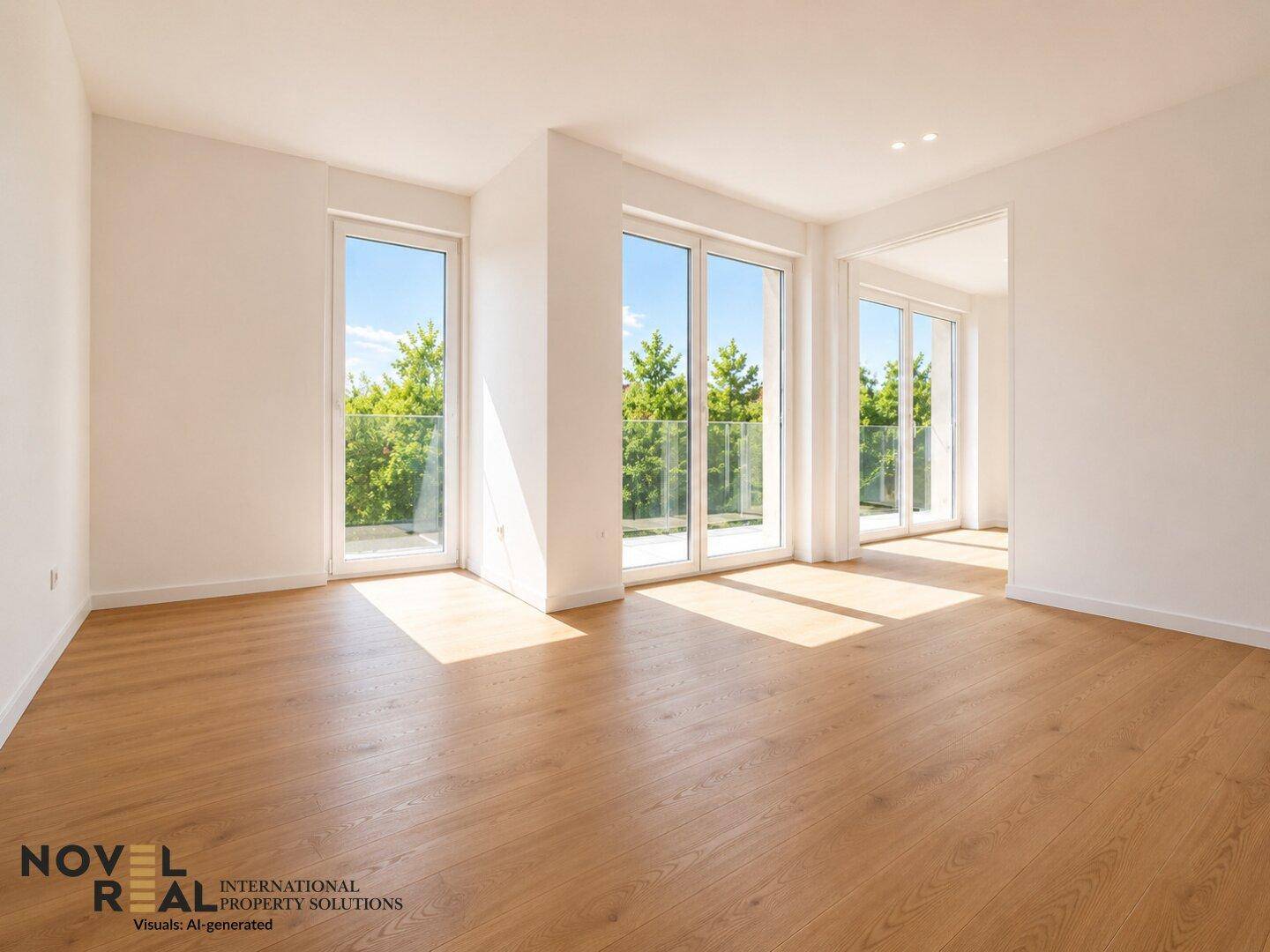 Helles, leeres Wohnzimmer mit Holzboden und großen Fenstern mit Blick ins Grüne.