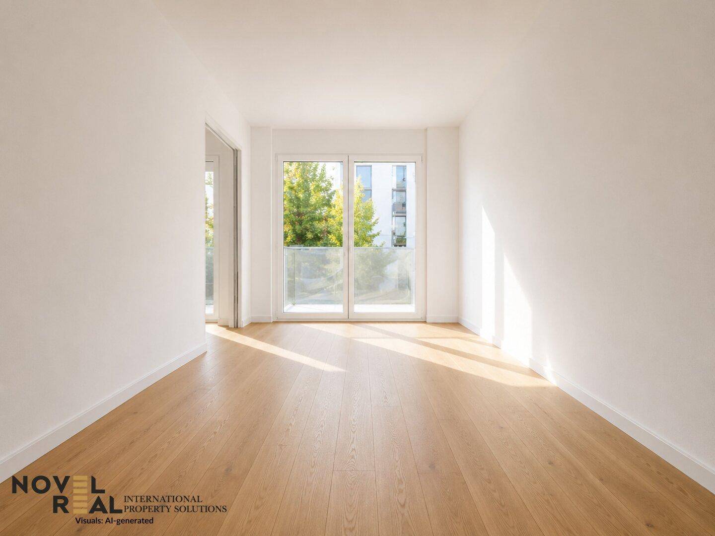Heller, leerer Raum mit Holzboden und großen Fenstern, die viel Tageslicht hereinlassen.