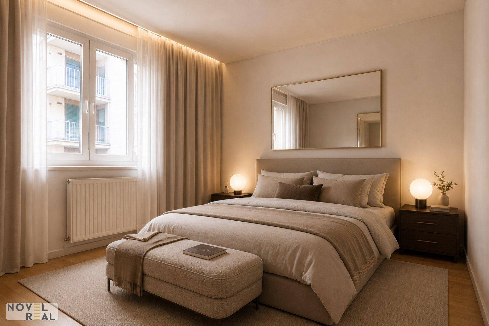 Gemütliches Schlafzimmer mit großem Bett, Nachttischen und viel Tageslicht durch das Fenster.