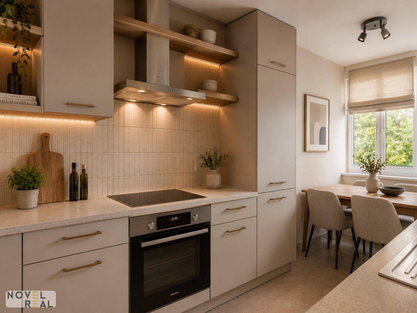 Moderne Einbauküche mit hellen Schränken, Induktionskochfeld und Essbereich am Fenster.