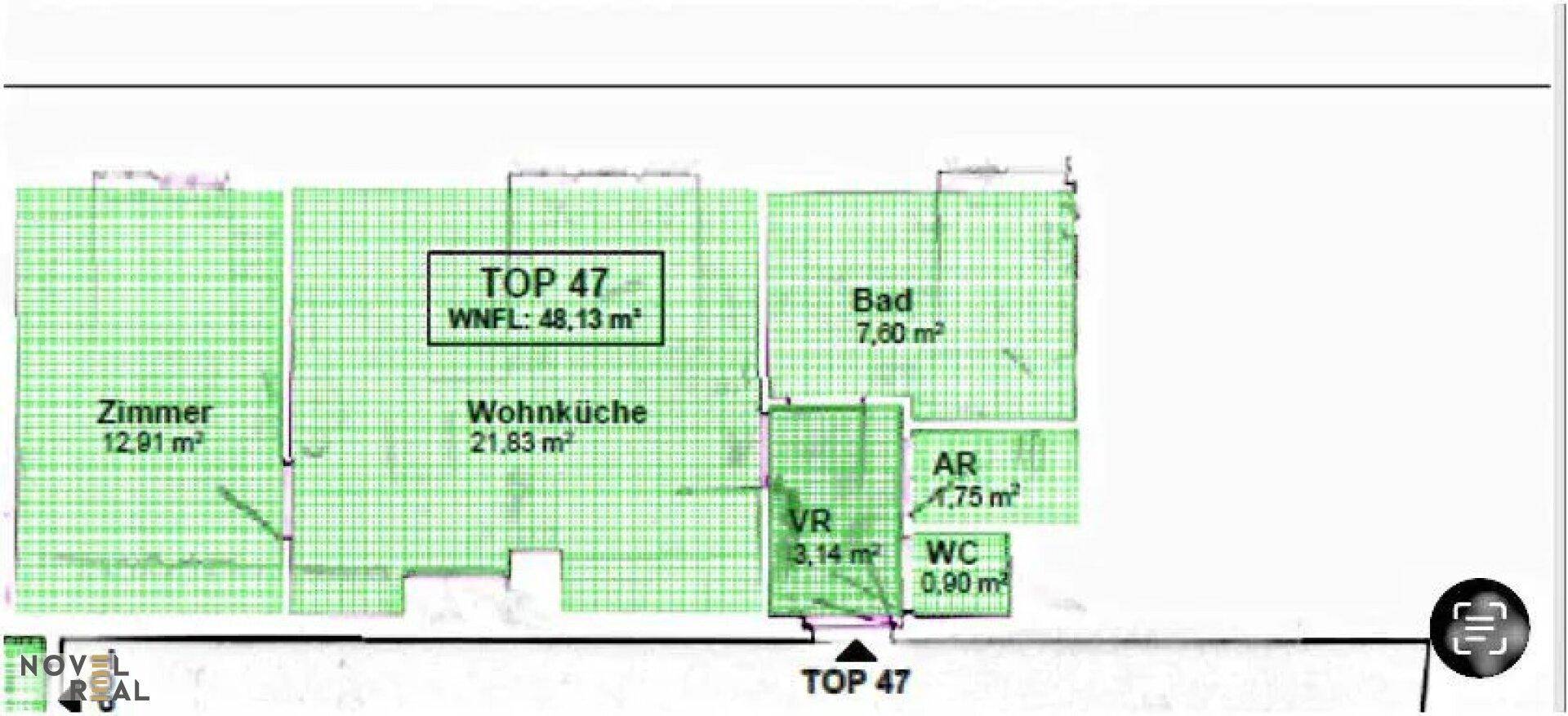 Grundriss der Wohnung TOP 47 mit Wohnküche, Bad und separatem WC.