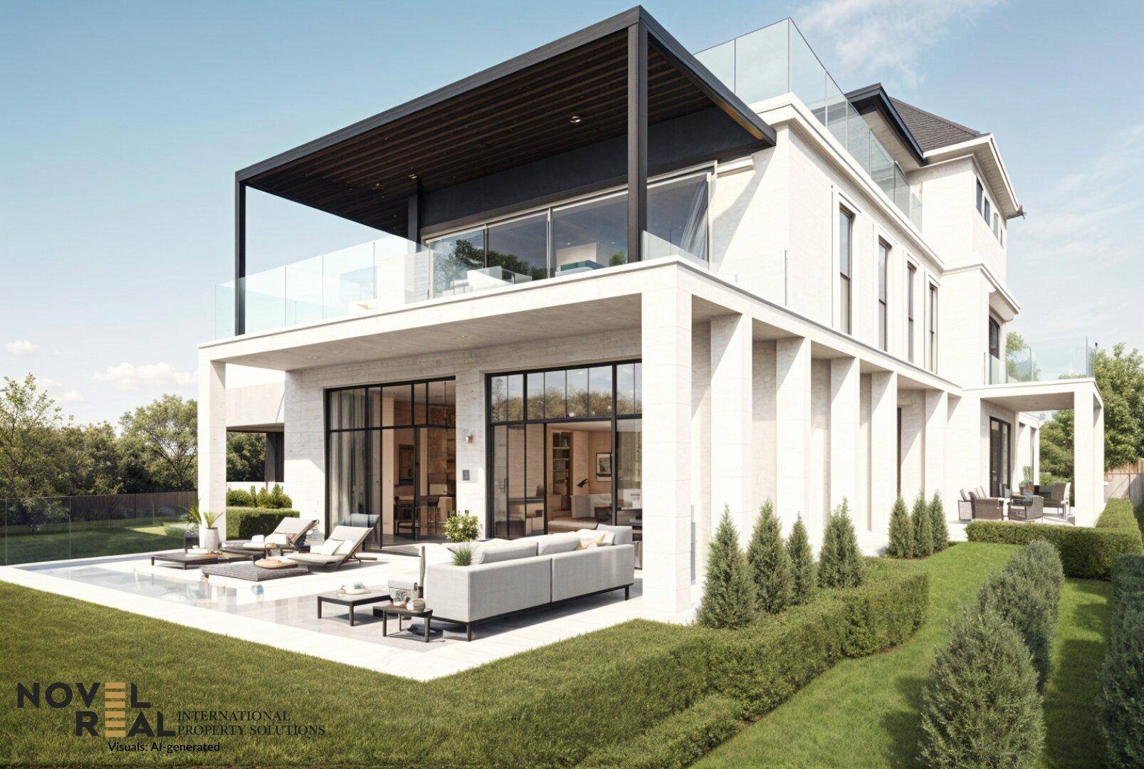 Luxuriöse Villa mit großem Pool, Liegebereich und überdachter Terrasse im Garten.