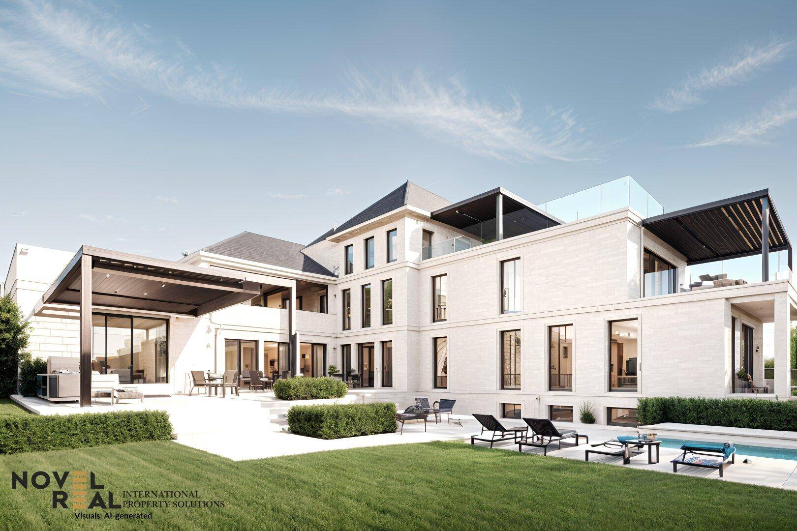 Weitläufiger Gartenbereich einer modernen Villa mit großem Pool und mehreren Terrassen.