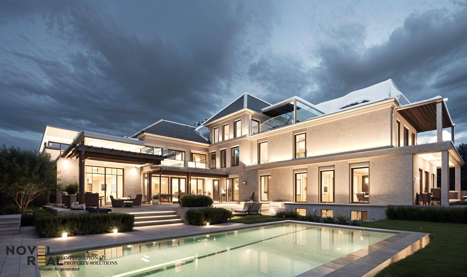 Beeindruckende Villa bei Dämmerung mit beleuchtetem Pool und eleganter Architektur.