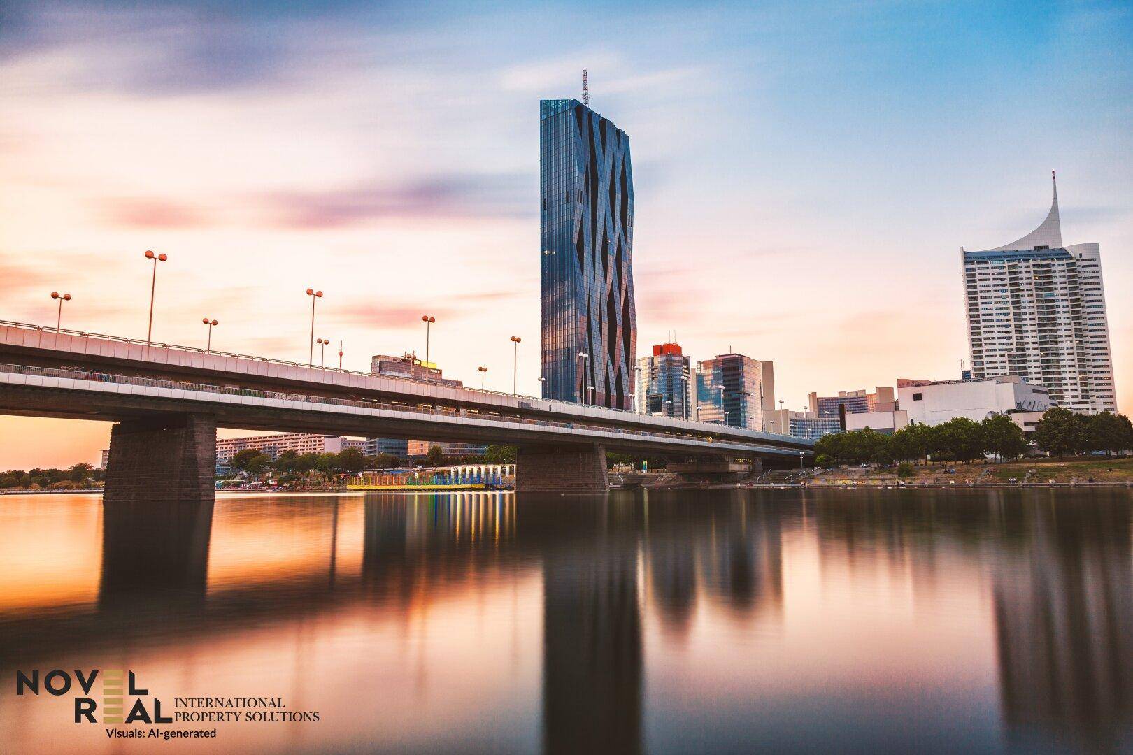 Stadtansicht mit moderner Architektur, Brücke und Fluss bei Sonnenuntergang.