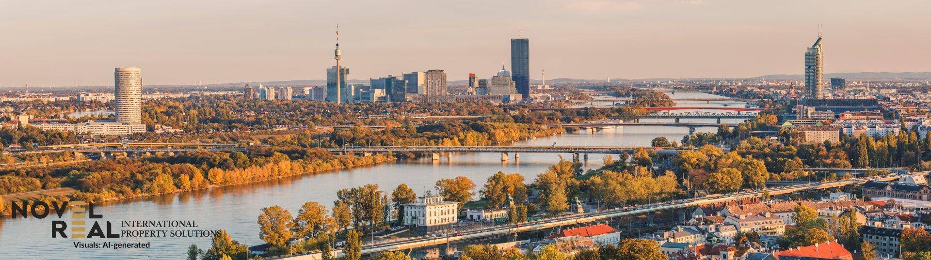 Weitläufiger Panoramablick auf eine Stadt mit Fluss, Brücken und Hochhäusern.