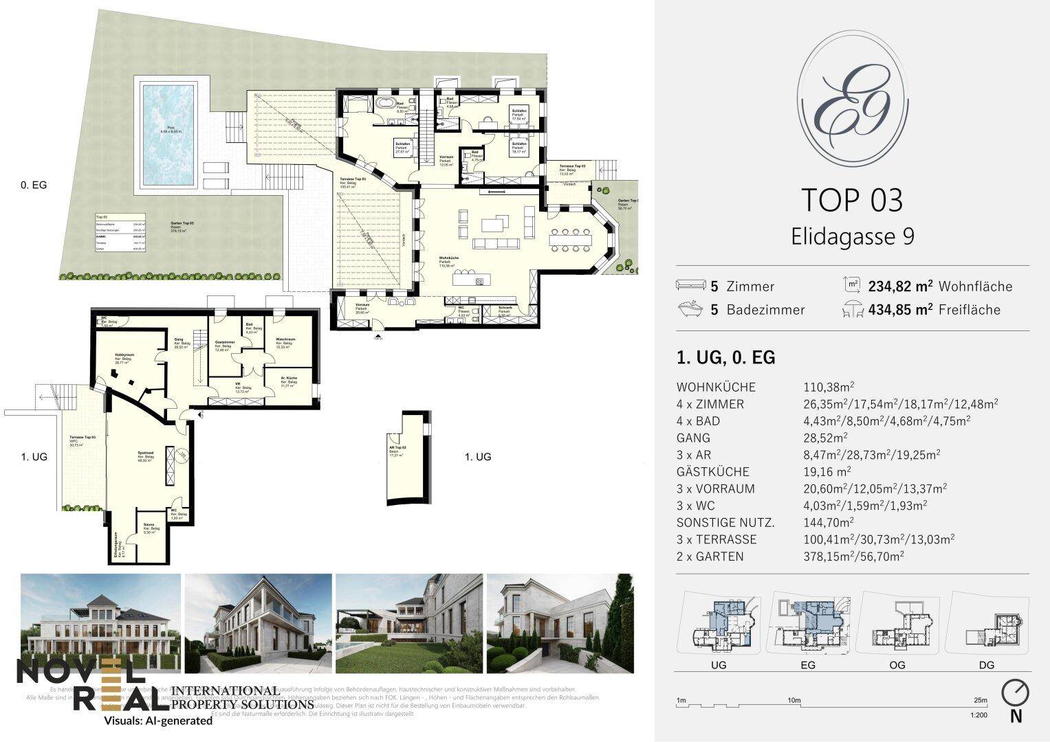 Umfassender Grundriss für TOP 03 mit Pool, Garten und großzügigen Terrassenbereichen.