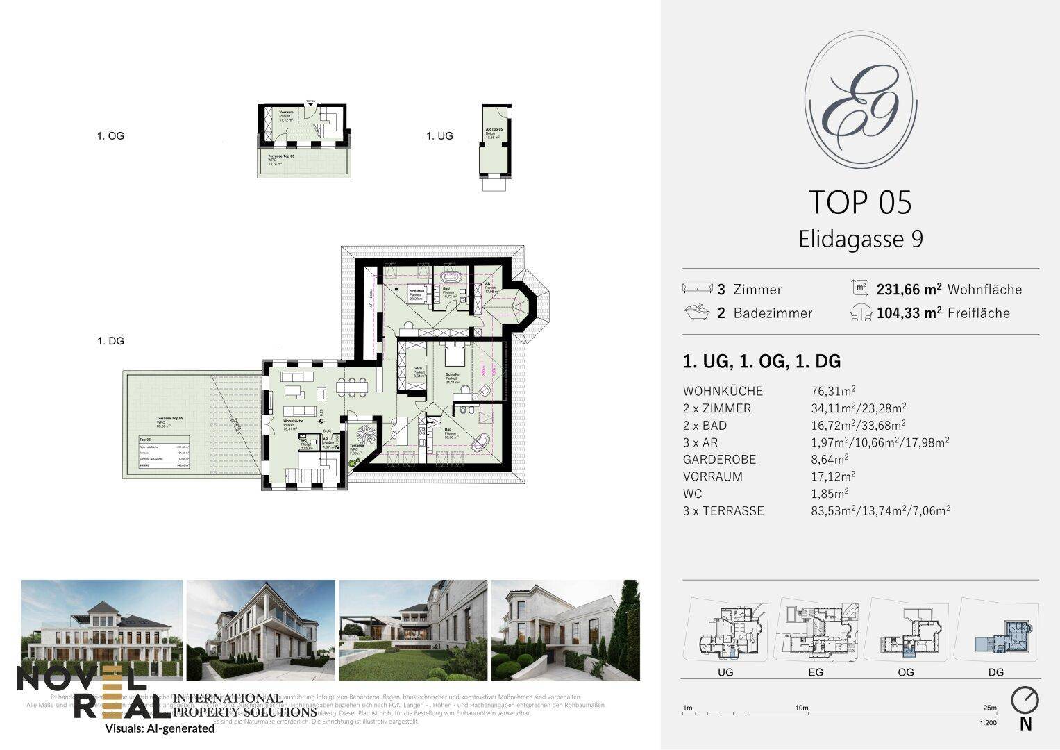 Übersichtlicher Grundriss für TOP 05 über drei Ebenen mit großzügigen Terrassen.