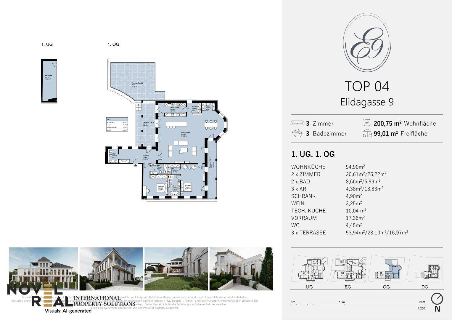 Detaillierter Grundriss für TOP 04 über zwei Ebenen mit Weinkeller und Terrassen.