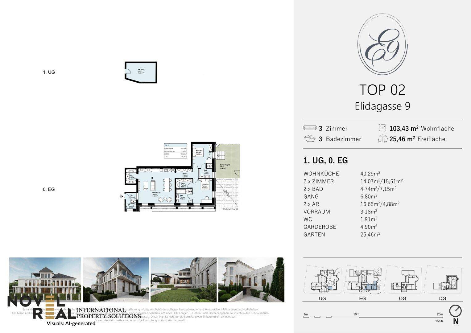 Übersichtlicher Grundriss für TOP 02 mit zwei Ebenen, Garten und mehreren Zimmern.