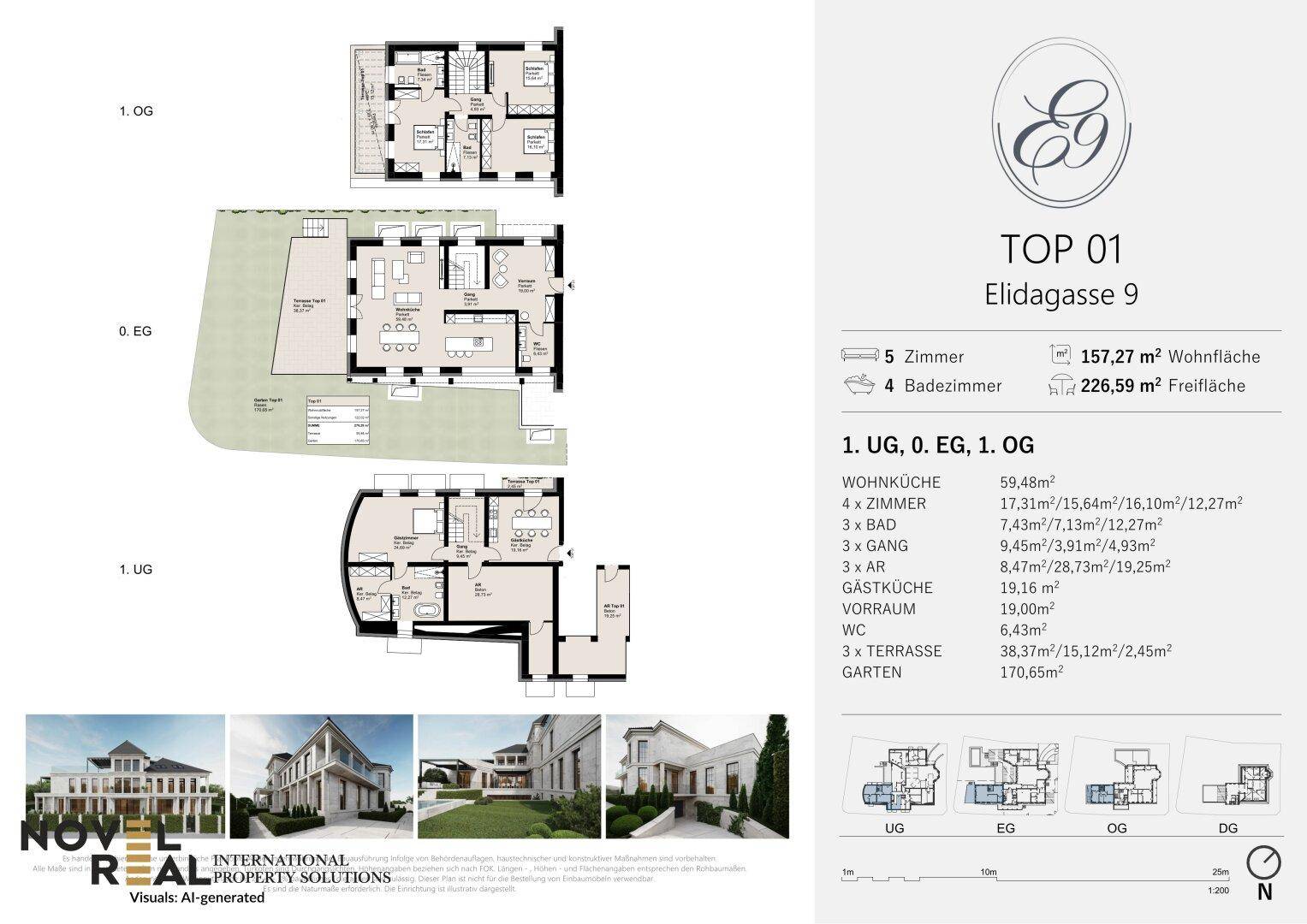 Detaillierter Grundriss für TOP 01 über drei Ebenen mit mehreren Zimmern und Terrassen.