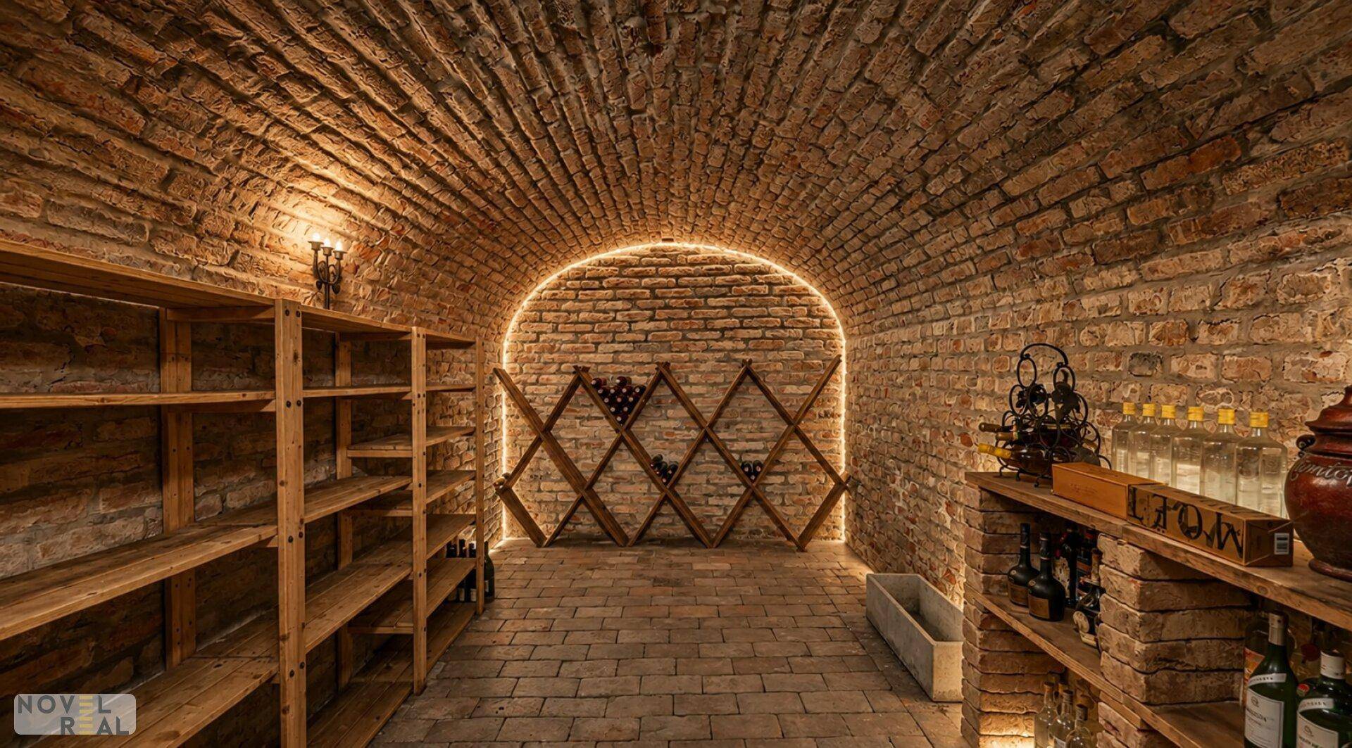 Historischer Gewölbekeller mit Ziegelwänden, Holzregalen und stimmungsvoller Beleuchtung für Weinlagerung.