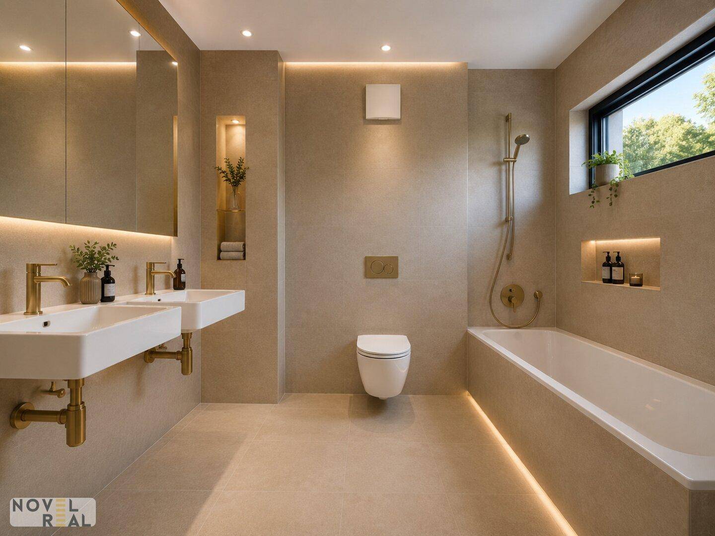 Modernes Badezimmer mit Doppelwaschbecken, Badewanne und eleganten Armaturen in Goldoptik.