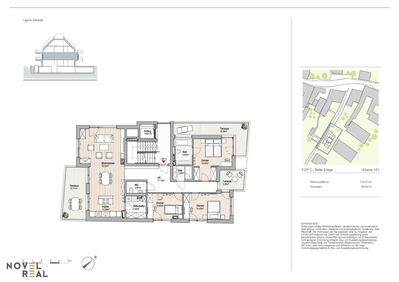 Detaillierter Grundriss der zweiten Etage mit drei Schlafzimmern und großzügigen Terrassen.