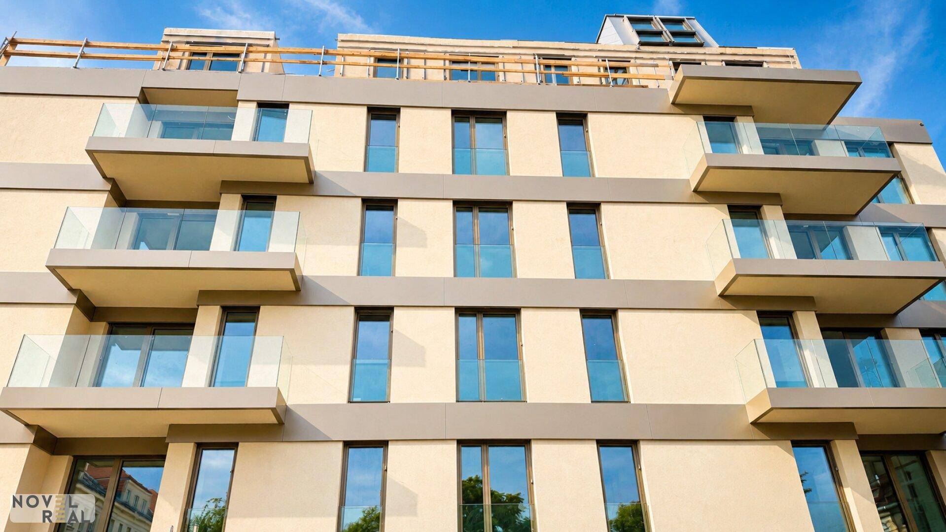 Moderne Fassade eines Neubaus mit zahlreichen Balkonen und großen Fenstern unter blauem Himmel.