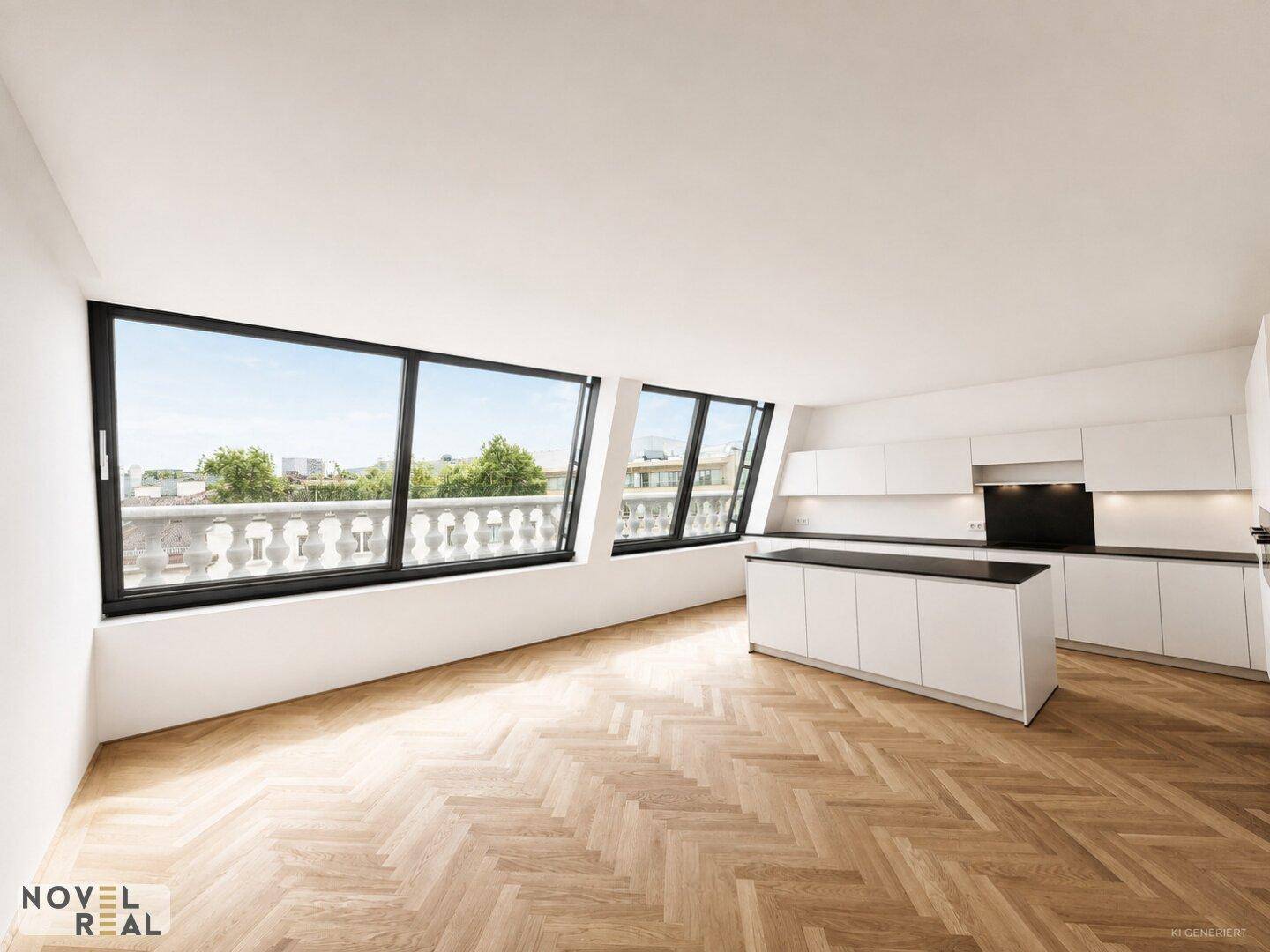 Geräumige, moderne Küche mit weißer Küchenzeile, Kochinsel und Blick auf die Stadt.