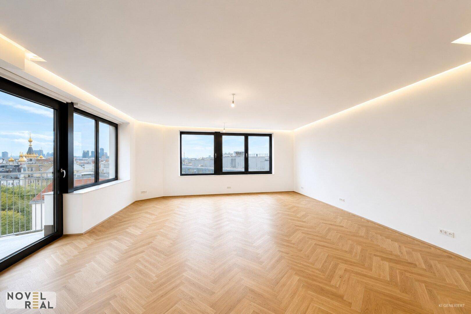 Großzügiges Wohnzimmer mit Fischgrätparkett, bodentiefen Fenstern und Stadtblick.