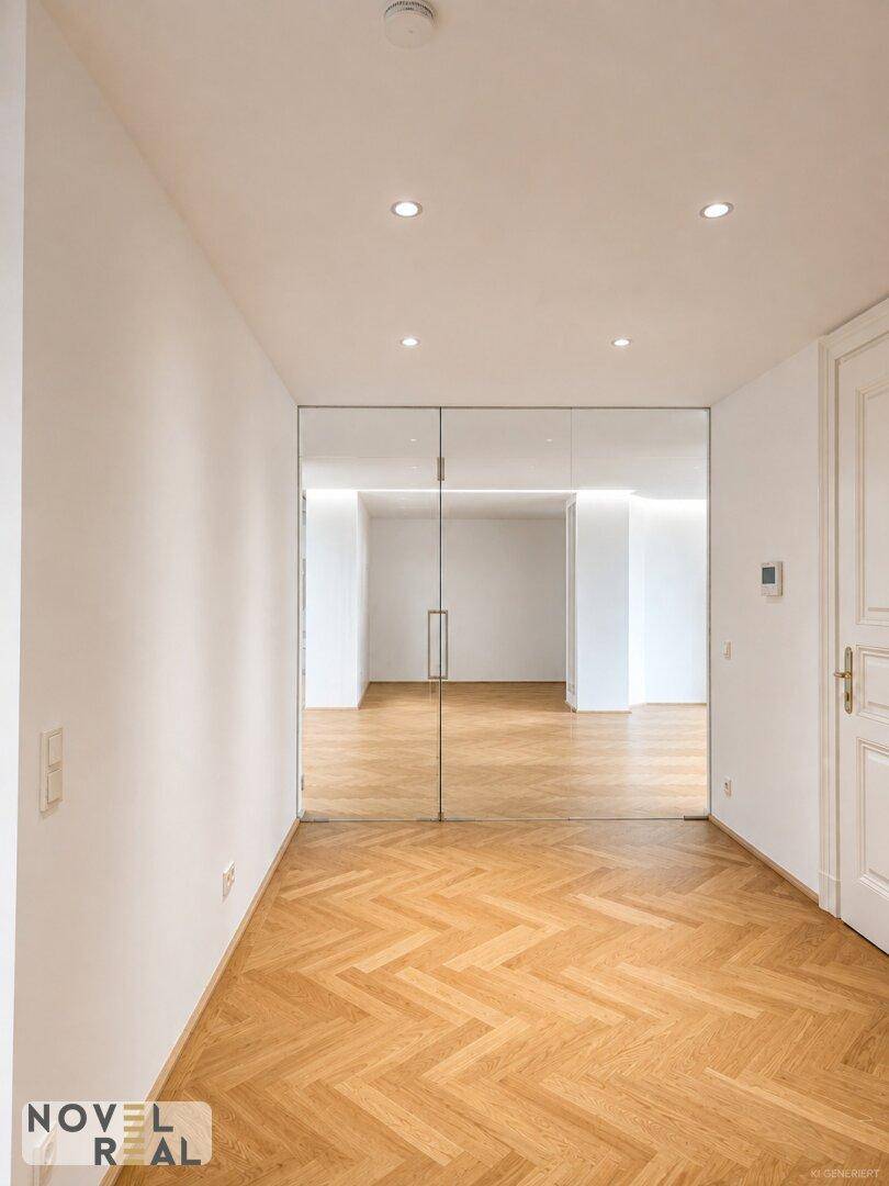 Moderner Flur mit Fischgrätparkett und eleganten Glastüren, die zu den Wohnbereichen führen.