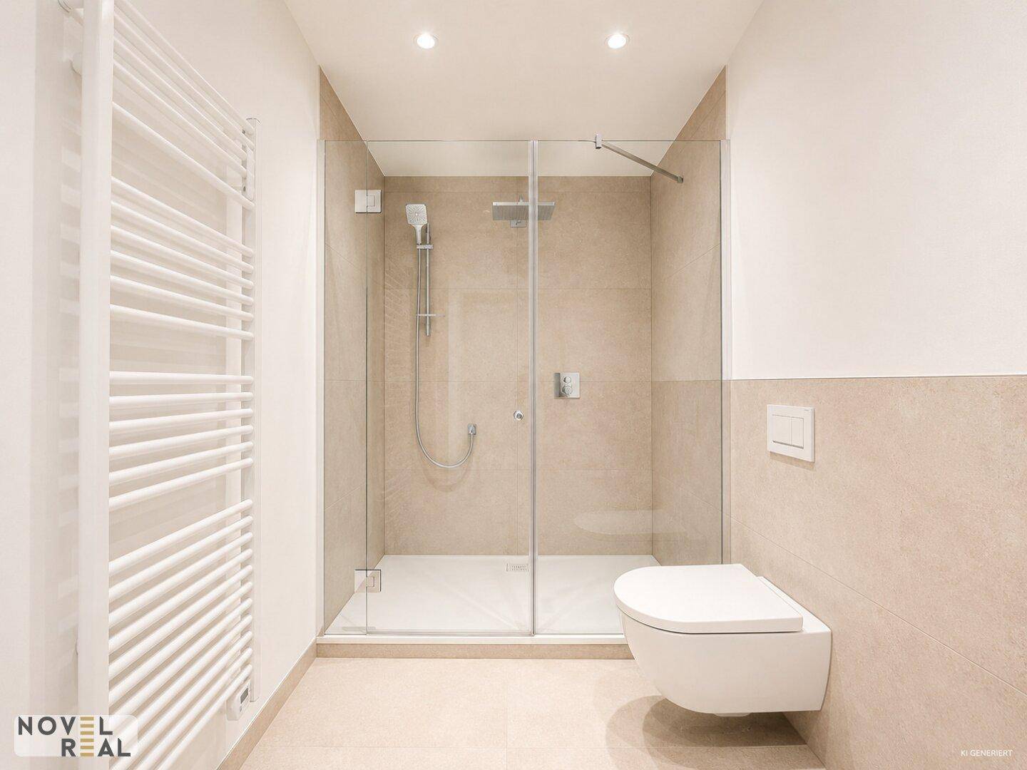 Modernes Badezimmer mit begehbarer Dusche, Wand-WC und beigefarbenen Fliesen.