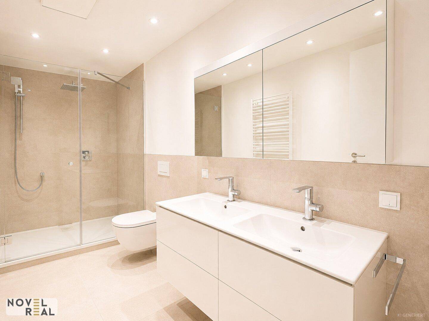 Modernes Badezimmer mit Doppelwaschbecken, begehbarer Dusche und großem Spiegelschrank.