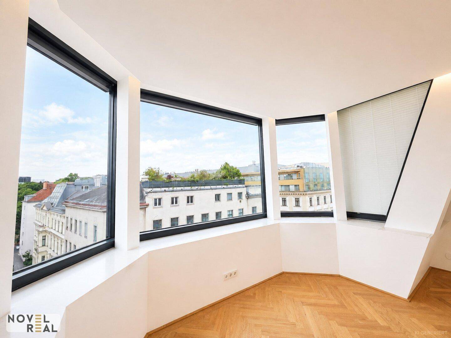 Heller Raum mit großen Fenstern, Fischgrätparkett und Blick auf die umliegenden Gebäude.