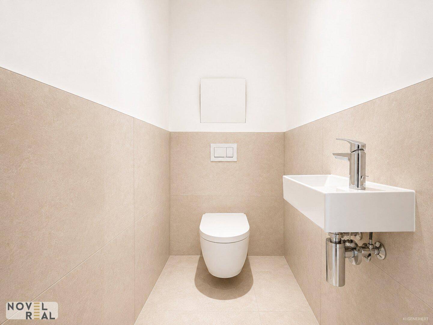 Modernes Gäste-WC mit Wand-WC, kleinem Waschbecken und beigefarbenen Fliesen.