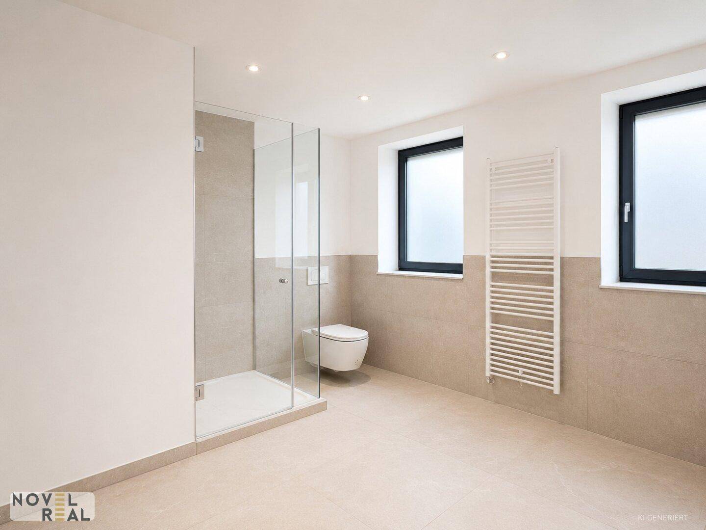 Modernes Badezimmer mit begehbarer Dusche, Wand-WC, Fenster und beheiztem Handtuchhalter.